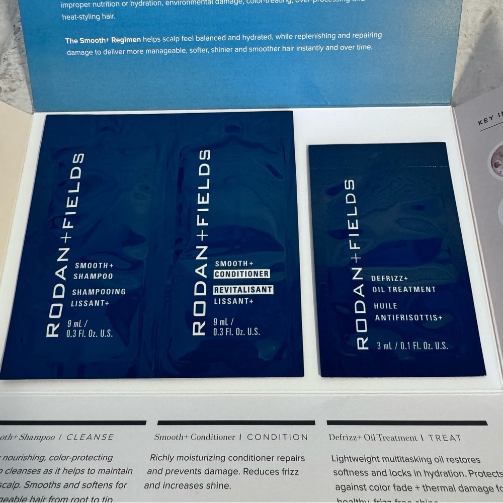 NEW!! R+F Rodan and Fields SMOOTH 3pc SAMPLE Shampoo Conditioner & Treatment